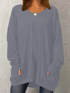 Plus Size Long Sleeve Loose T-Shirt Fit for Women, Solid Color Everyday Casual Wear with Round Neck, Elegant Style, Stretchy Polyester Knit Fabric, Pocketed Fall & Winter Top Garment