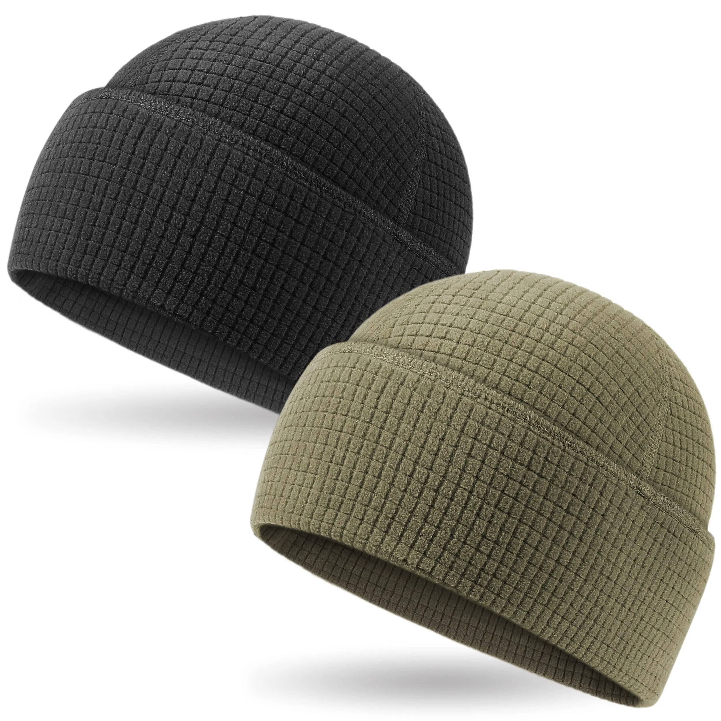 OUTDOOR SHAPING Unisex 2-Pack Tactical Skull Caps - Grid Fleece Cuffed Watch Cap Mens Hats, Warm, Lightweight, Breathable, Sweat-Wicking All-Season Helmet Liner for Biking, Gym (Black+Army Green)