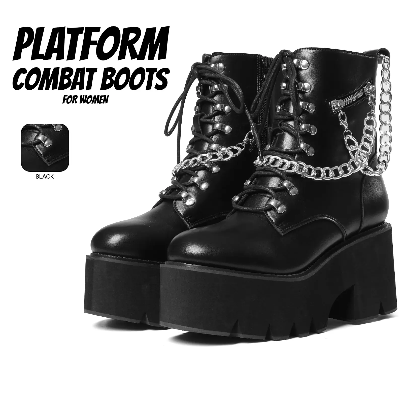 Platform Boots for Womens Ankle Boot Round Toe Chunky Block Heel Lace Up Side Zipper Closure Goth Combat Punk Chain Fashion Studded Easy Pull on Cosplay Party Festival Motorcycle Riding Rave Dressy Shoes