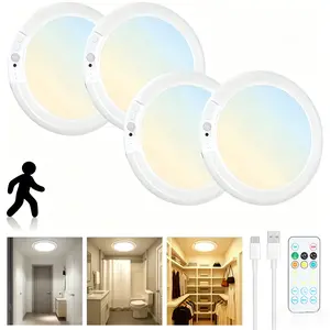 4 Pcs LED Motion Sensor Ceiling Light,Indoor Wireless Shower Light with Remote,3CCT Selectable Magnetic Rechargeable Sensor Light, with Timer Countdown Motion Activated Surface Mount Disc Light,Battery Powered for Shower, Stairwell,bedroom,Hallway
