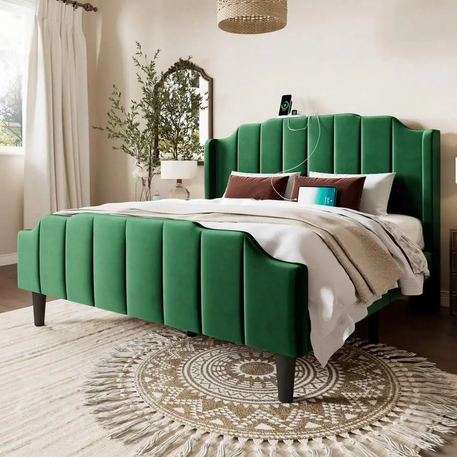 Allewie Vintage Green Upholstered Headboard Bed Frame - Full/Queen Size Velvet Platform Bed Frame, Curved Vertical Tufted Wingback Headboard & Footboard, Charging Station, Under Storage, No Box Spring Needed, Easy Assembly, Curved Bed Frames