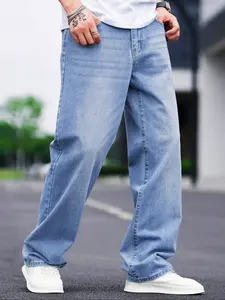 Men's Fashion Casual Plain Fitted Straight Leg Wide Leg Denim Jeans, Comfortable Fabric Suitable for All Seasons, Simple and Easy to Match, Natural
