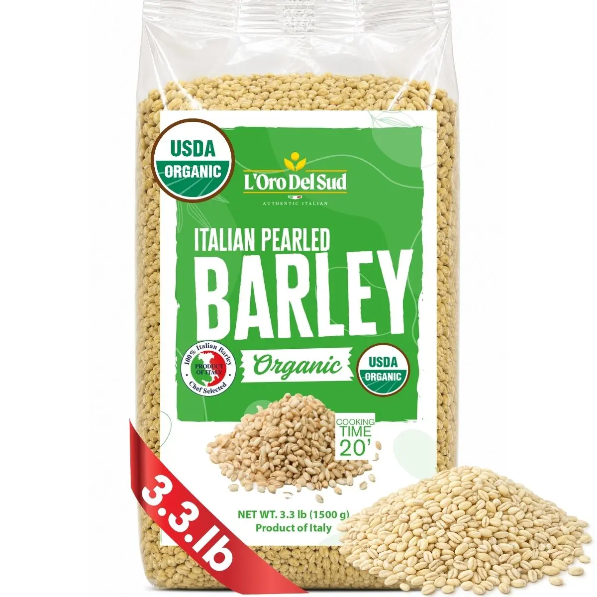 L'Oro Del Sud, Organic Pearled Barley, (1.5 kg) 3.3 lb
