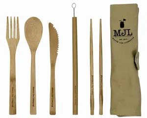 Travel Bamboo Utensil Set With Cotton Roll-Up Carrying Case