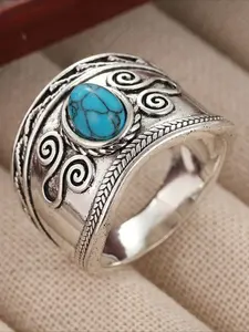 Vintage Ring Inlaid with Synthetic Turquoise Ring, Creative Jewelry Accessory for Male and Female Holiday Parties