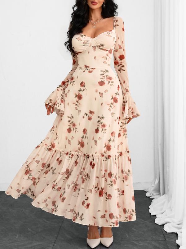 Elegant French Style V-Neck Mesh Dress, Rose Print Layered Backless Design, Breathable Waist Cinching, Romantic Women's Fashion