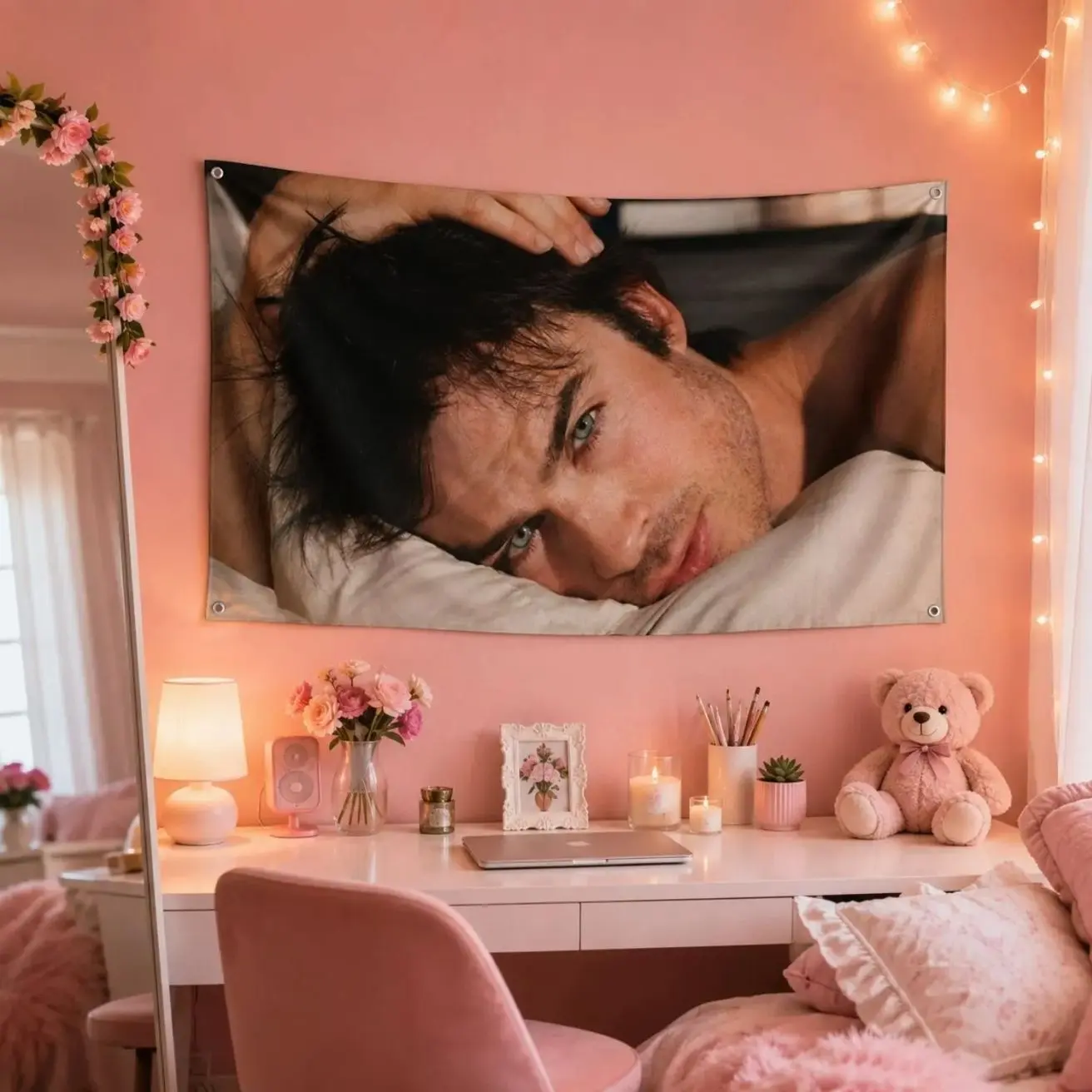 Damon Salvatore Pink Flag | Ian Somerhalder Wall Flag | Vampire Diaries Tapestry | Hot Celebrity Room Decor | TV Show Fan Gift
