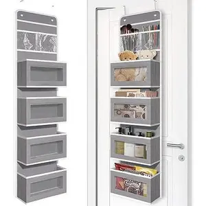 Heavy Duty Over Door Organizer Wall Mount Hanging Storage with 4 Large Pockets 13x7x5 inches Clear Windows Durable Polyester for Baby Essentials Toys Cosmetics Gray - Hangable