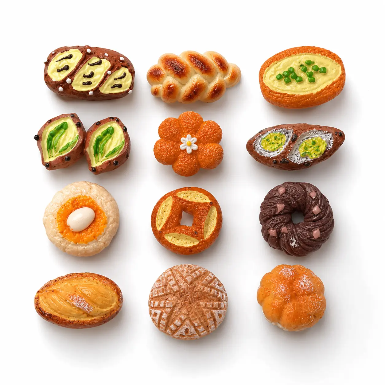 12-Pcs Cute 3D Food Designs Resin Refrigerator Magnets - Small Size Strong-Hold Magnetic Item with Miniature Bread, Kitchen Home Decor Accessories, Bakers Gift for Postcards