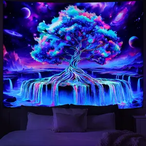 Obsecolors Blacklight Tree of Life Tapestry UV Reactive Waterfall Tapestry Galaxy Space Aesthetic Tree Wall Tapestries Colorful Starry Sky Tapestries Wall Hanging for Bedroom