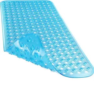 Bathtub Mat Non Slip, 34.5x15.5 Inch Long Shower Mat with Drain Holes Suction Cups, Bath Mats for Inside Shower, Machine Washable, BPA, Latex, Phthalate Free, Clean Blue