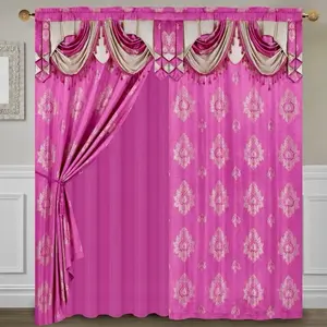 Luxury Pink Damask Curtains with Valance and Tiebacks for Elegant Home Decor