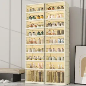 【Clearance/Fall Deals For You】KHNR 9 Tiers Foldable Shoe Rack Organizer for Closet with Wheels, 36Pairs Plastic Collapsible Shoe Shelf for Front Door Entrance Stackable Clear Folding Shoes Storage Boxes Tall Shoe Cabinet Magnetic Installation