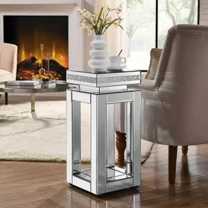 Mirrored End Table Square with Crystals Inlay, 2-Tier Modern Small Sofa Table with Storage, Silver Accent Table for Living Room, Bedroom, Coffee, and Small Spaces 11.8" D x 11.8" W x 26" H