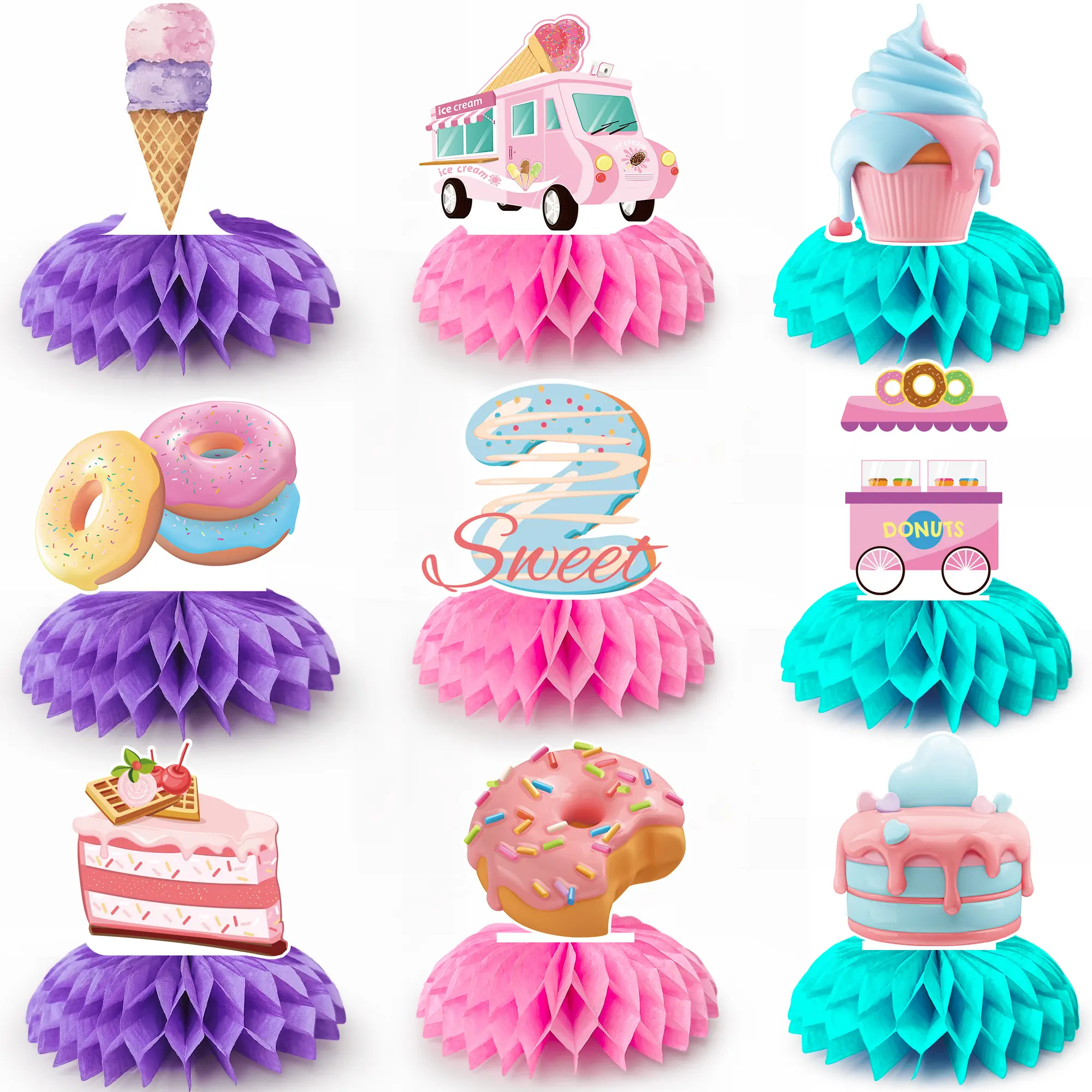 Donut Honeycomb Centerpieces,9pcs Donut Party Honeycomb Centerpieces,Donut Table Honeycomb Centerpieces&Donut Two Sweet Honeycomb Centerpieces Party Decor for Donut Baby Shower & Donut Birthday Party