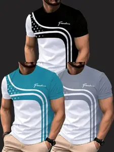 3-Pack Men's Fashion Short Sleeve T-Shirts, Slim Fit Colorblock Design Print, Casual Fitted Round Neck Tops, Summer Breathable Comfortable Clothing