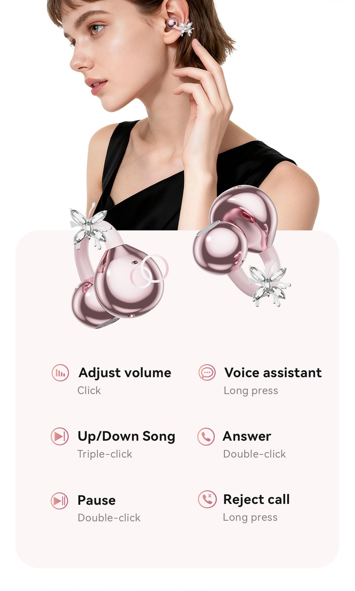 Chengruida M161 ,Butterfly earrings ,Portable Beauty Tool Clip-On Headphones, Fashion Earring Style Open Ear Wireless Earbuds with Panoramic Surround Sound