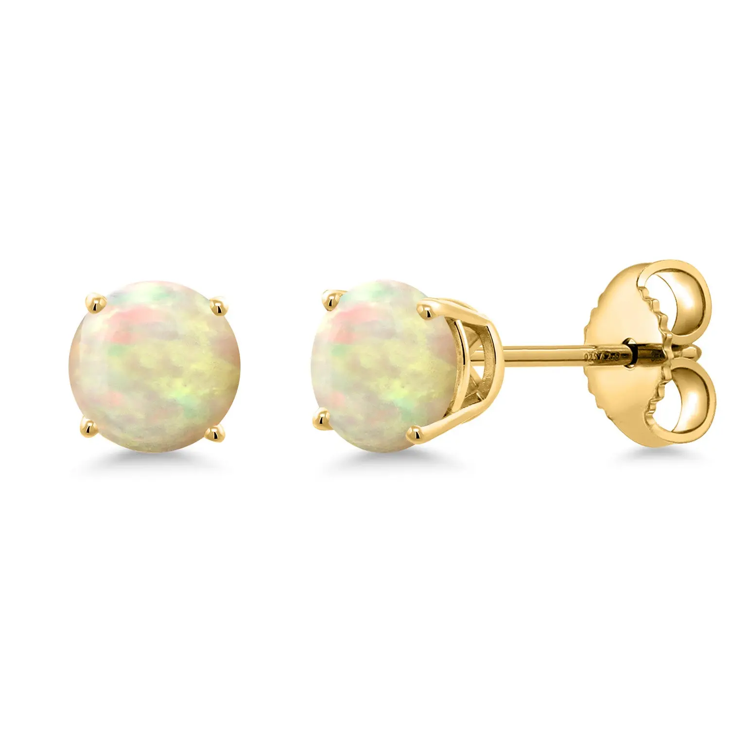 Gem Stone King 18K Yellow Gold Plated Silver White Ethiopian Opal Stud Earrings for Women | 1.12 Cttw | Gemstone October Birthstone | Round Cabochon 6MM