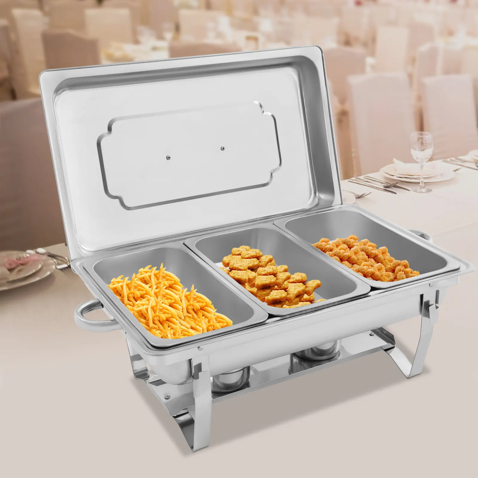 75L 3-Compartment Stainless Steel Kitchen Food Warmer Buffet Server with Fuel Holders, Modern Minimalist Style, 63.5*35.5*32cm, Assembly Required, for Restaurant, Birthday Parties, Classmate Reunions Preserving Containers
