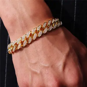 Hip Hop Iced-Out Shiny Rhinestone Cuban Chain Bracelet Zinc Alloy Hand Chain Cuban Bracelet