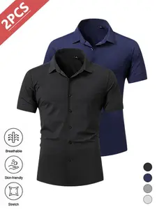 summervibes 2-pack men’s business casual short-sleeve shirts, high stretch slim fit, wrinkle-resistant fabric, skin-friendly and breathable