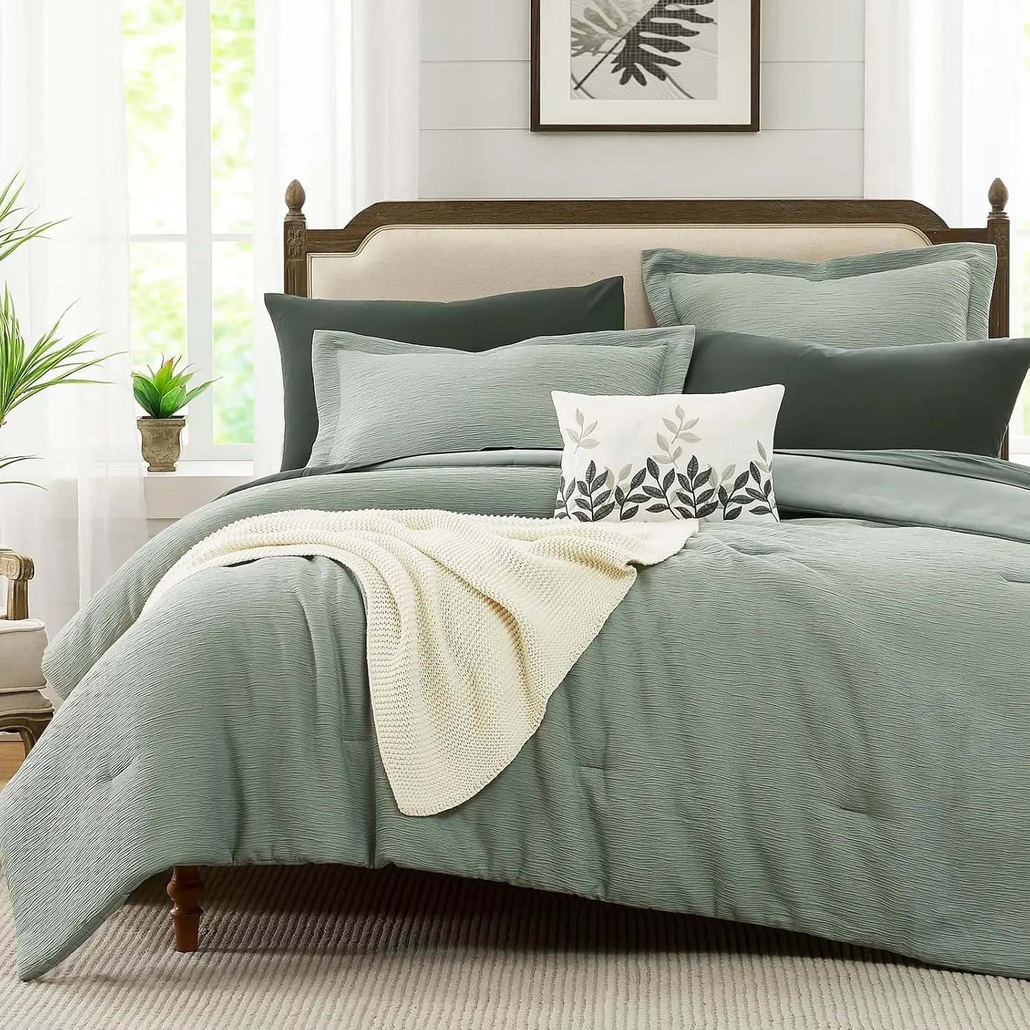 Sage Green Comforter Set  Size, Textured Design Minimalist  Bedding Sets 7 count, All Seasons Bed in A Bag  with Sheets, Comforter, Pillowcases & Shams