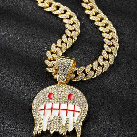 Hiphop Smiley Face Zircon, Alloy Chain Bling Gemstone Zircon Stones Necklace Accessory Necklace Street Style Art Jewelry, Trendy Hip Hop Accessories for Outdoors