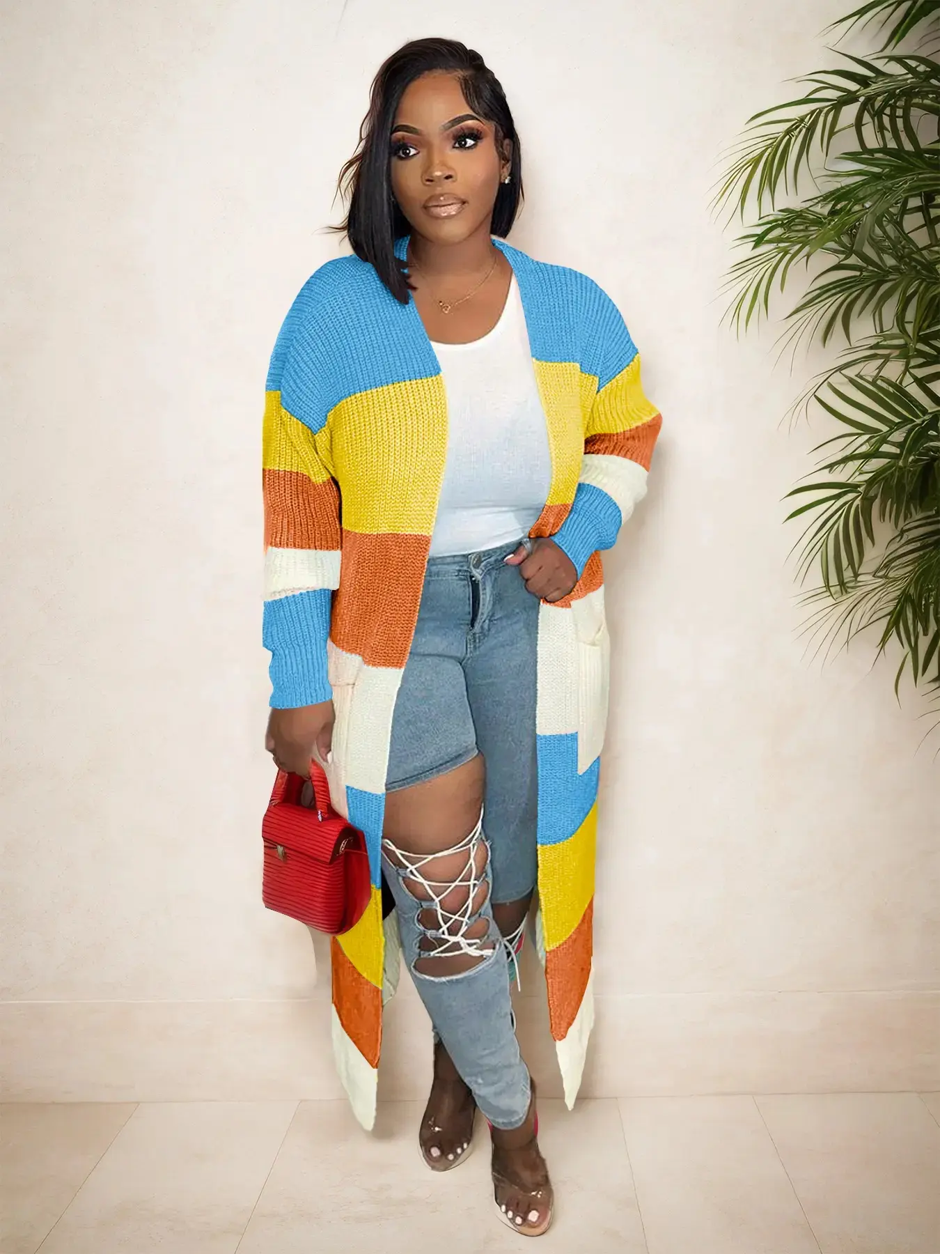 Women Oversized Colorblock Sherpa Coat Longline Plush Jacket Winter Lounge Beach Outerwear Khaki