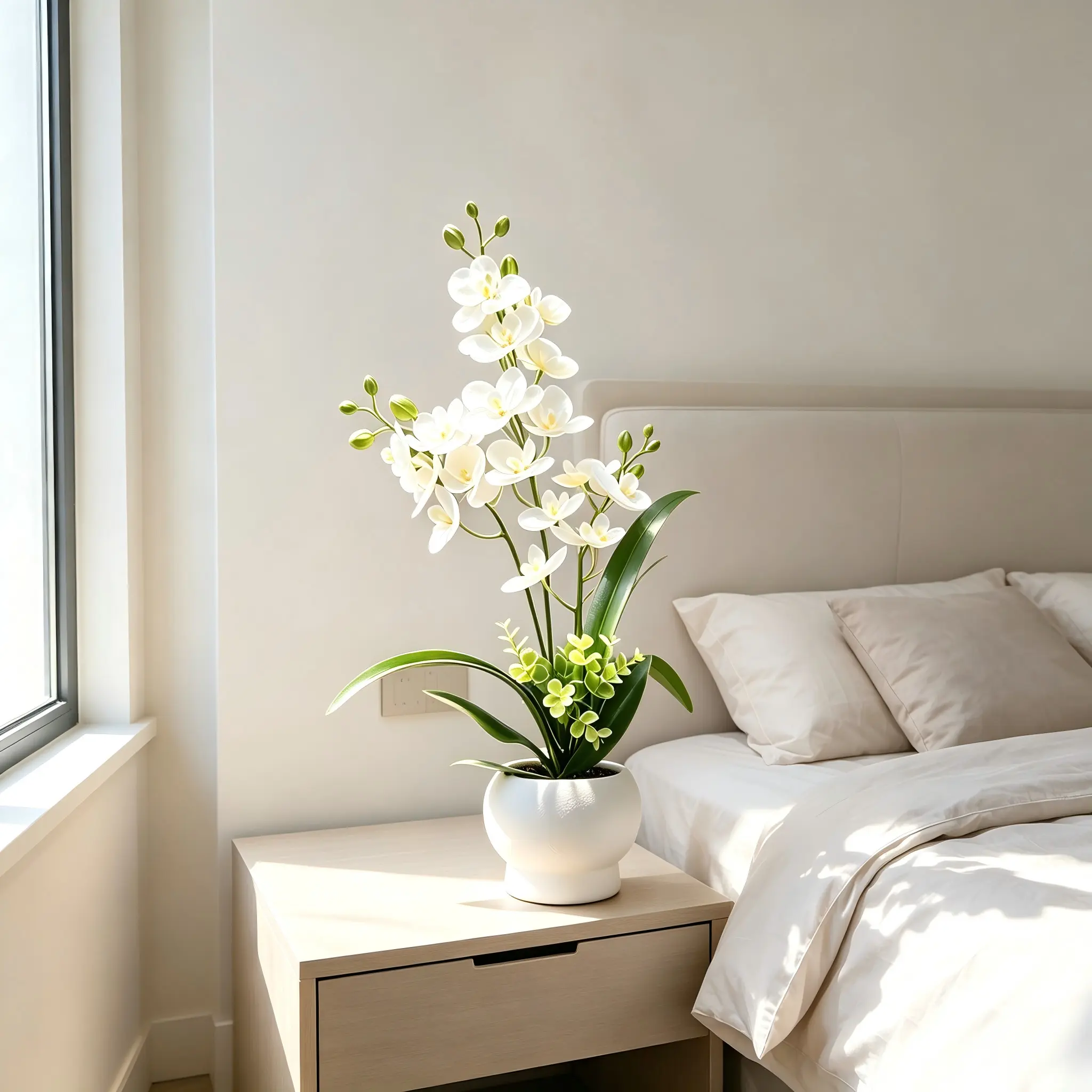 Artificial plant White Orchid reproduces the charm of White Orchid elegantly and realistically, with durable plastic flowerpots-durable and indelible decorations, which are suitable for home decoration, reception area and office decoration.