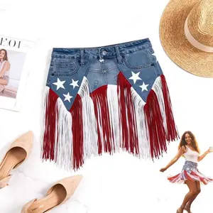 Patriotic Denim Fringe Tassel Denim Skirts,Red White Blue Tassel Waist Accessory, 4th of July Fashion,Summer Festival,Summer Party