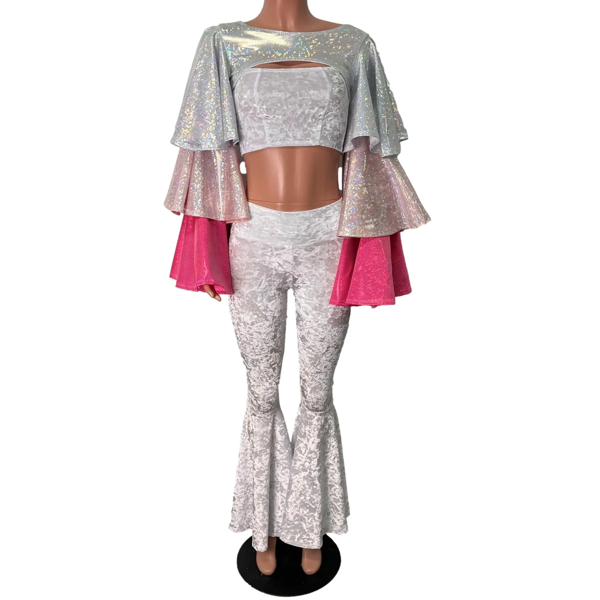 Ruffle Sleeve Bolero Top - Pink Shattered Glass Holographic Tiers