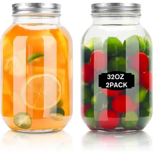 Glass Mason Jars, 2 Pack 32oz Clear Glass Regular Mouth Canning Jars with  for Sealing, Ideal for  Storage, Snacks, Candies, Jam, Honey, Wedding Favors, Shower Favors, DIY Projects