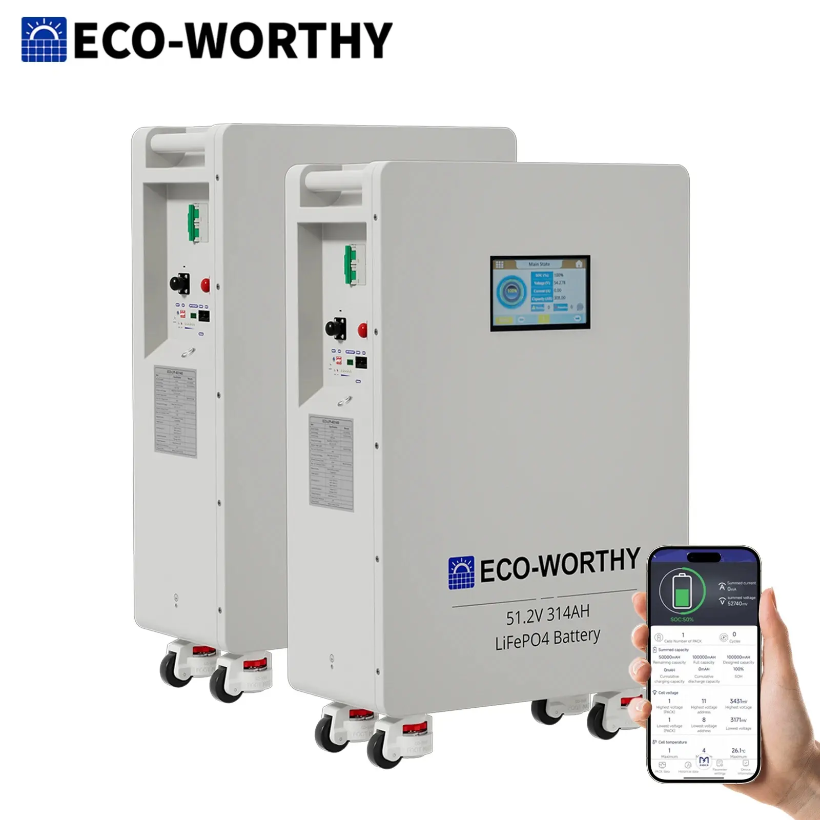 ECO-WORTHY 48V 314AH LiFePO4 Battery, 2-Pack Vertical Standing Backup for Home Electrical Power Supplies (32.15kWh Total Capacity)