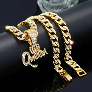 Radiant QUEEN Pendant Necklace - Iced Out Cuban Chain Jewelry - Bold Hip-hop Style for Unisex - Dazzling CZ Stones - Versatile Neck Decoration - A Perfect Gift for Her