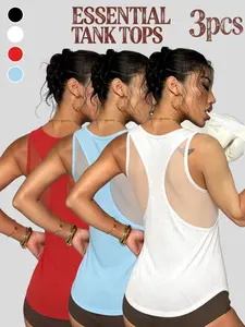 3-Pack Women's Sporty Vest, Breathable Contrast Mesh Design, Casual Fitted Top, All Seasons Training Wear, Comfortable Sleeveless Shirt