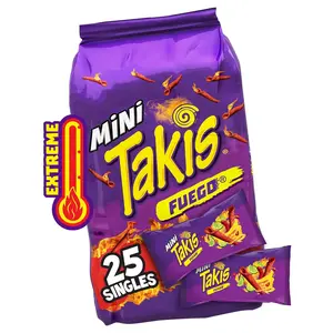 Takis Fuego Mini 25 pc \/ 1.23 oz Bite Size Multipack, Hot Chili Pepper & Lime Flavored Extreme Spicy Rolled Tortilla Chips