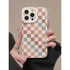 Colored Plaid Painting Beige Case, Technological Painting Hollow Beige Painting Simple Anti-Drop Thickened Phone Protective Cover Printed Compatible With IPhone 16/16 Pro Max, 15 XR/7/8, 15 Pro Max, 12 Pro Max, 13 Pro Max, 14 Pro Max