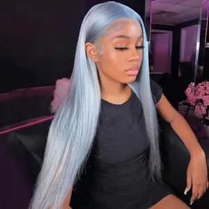 Light Blue Grey Glueless Wig Lace Frontal Pre-plucked Hairline Heat Resistant Synthetic Wig for Women Free Part