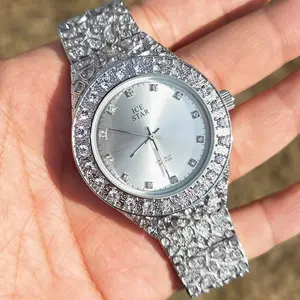 Men Wristwatch Iced Luxury Hip Hop Silver Nugget Bling Simulated Diamond Wrist Metal Shiny Fashion Watch