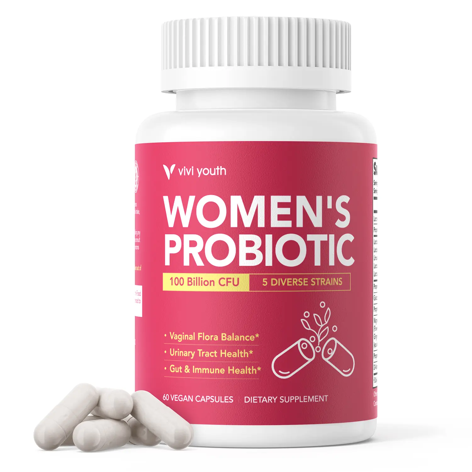 VIVI Youth Probiotics – pH Balance, Feminine Odor Control & Yeast Support, Probiotics for Women with Prebiotics & Lactobacillus Blend, 60 Capsules