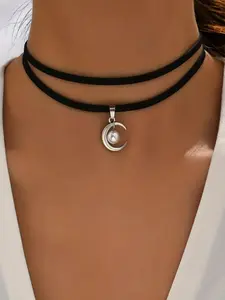 Faux Pearl Decorated Choker Necklace For Women, Moon Charm Double Layer Necklace, Party Fashion Accessories, Dainty Necklace