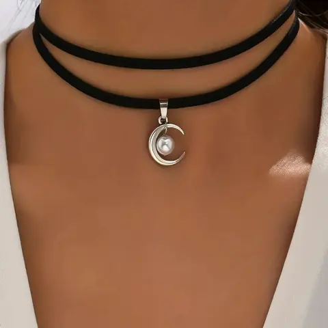 Faux Pearl Decorated Choker Necklace For Women, Moon Charm Double Layer Necklace, Party Fashion Accessories, Dainty Necklace, Dainty Layering Jewelry, Fashionable Accessory, Decorative Necklace