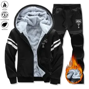 Men's Winter Warm Fleece Hoodie & Jogger Set (2 Piece) Long Sleeve Thermal Athletic Outfit with Zippered Pockets and Letter Print, Heavyweight Sherpa Lined Polyester Fabric