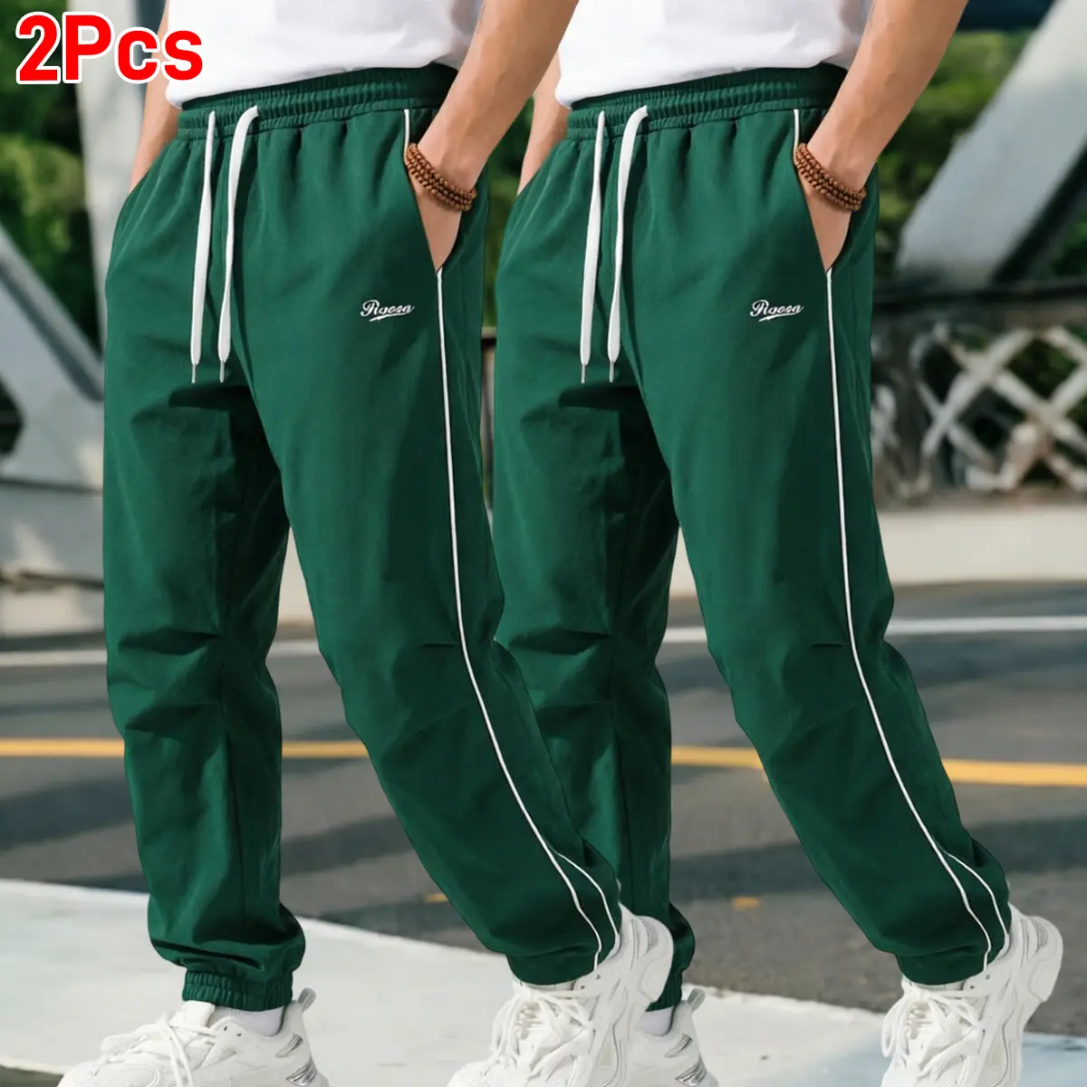 Men's 2-Pack Polyester Joggers, Elastic Drawstring Waist, White Side Stripes, Small Letter Embroidery, Ribbed Ankle Cuffs, Wrinkle-Resistant Breathable Loose-Fitting Pants, Hang Dry, Suitable for Casual Wear, Family Outdoor Outings, School Days, Athletic,