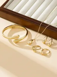 Women Minimalist 6pc Teardrop Bracelet, Necklace, Earrings and Rings Jewelry Set - Jewellery