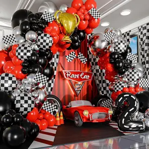 [New] 200 Pieces All-in-One Racing Balloon Arch Kit Trophy Number 2 Grid Aluminum Film Balloons Birthday Party