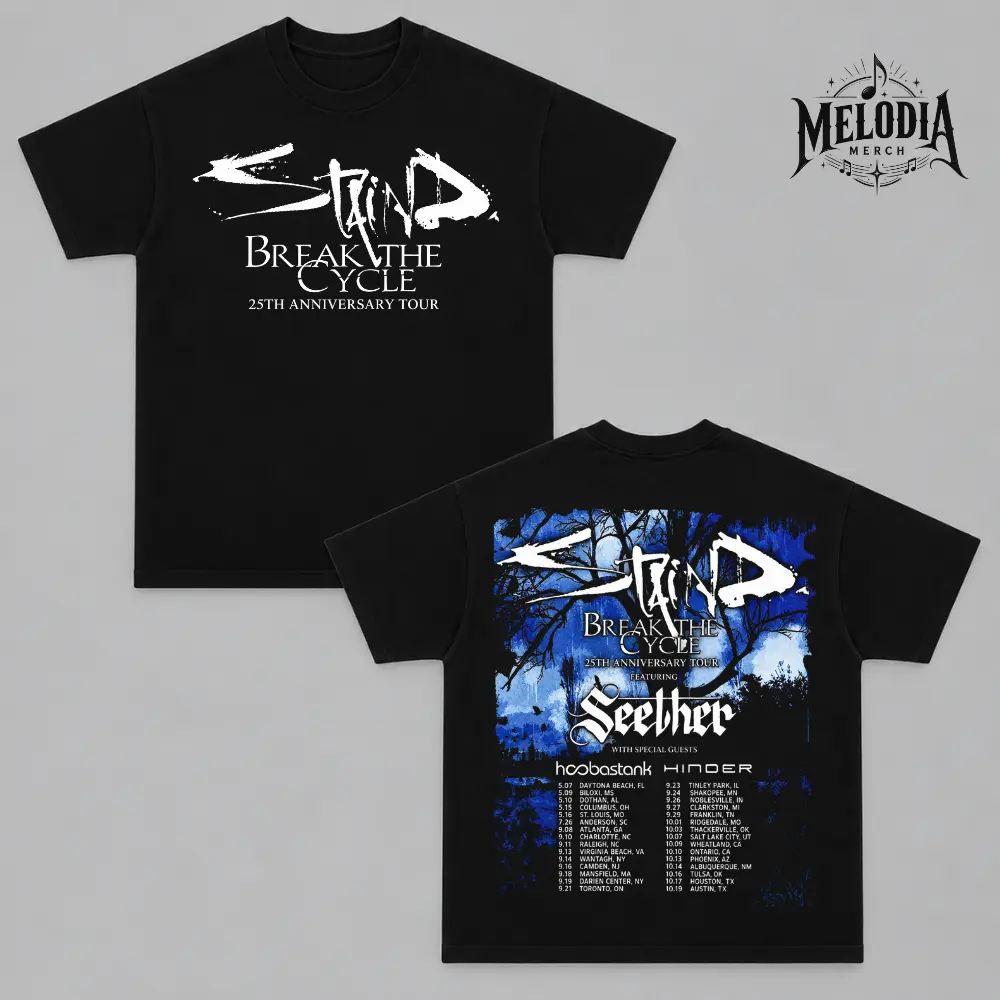 Staind Break The Cycle 25th Anniversary Tour 2026 T-Shirt, Staind Tour Dates Graphic Tee, Seether Hoobastank Hinder Concert Shirt, Rock Music Merch, Vintage Retro Band Tee, Double Sided Unisex Shirt, Gift For Rock Fans