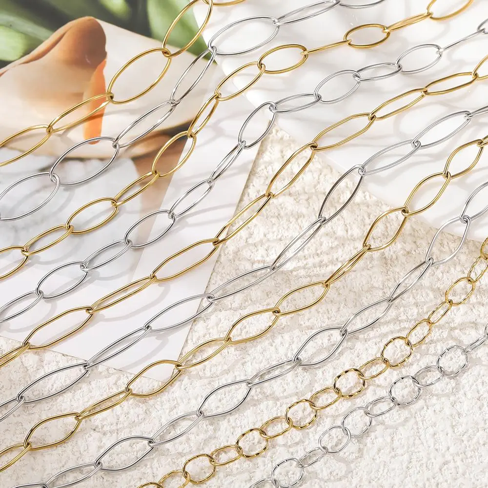 1m Stainless Steel Oval Shape Cross Chain Golden/Steel Color Link Chains for DIY Bracelet Waist Chain Jewelry Making Chain