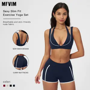 MFVIM Women's 2-Piece Premium Sleeveless Exercise Set - Sporty Style Outfits, Athleisure Bra with Beautiful Back Design, Contrast-Line Nude Shorts for Gym Yoga, Outdoor Running