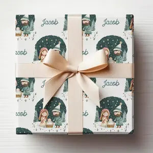 Christian Christmas Wrapping Paper Nativity Scene Gift Wrap Roll With Custom Name, Kids Nativity Scene With Name Wrapping Paper
